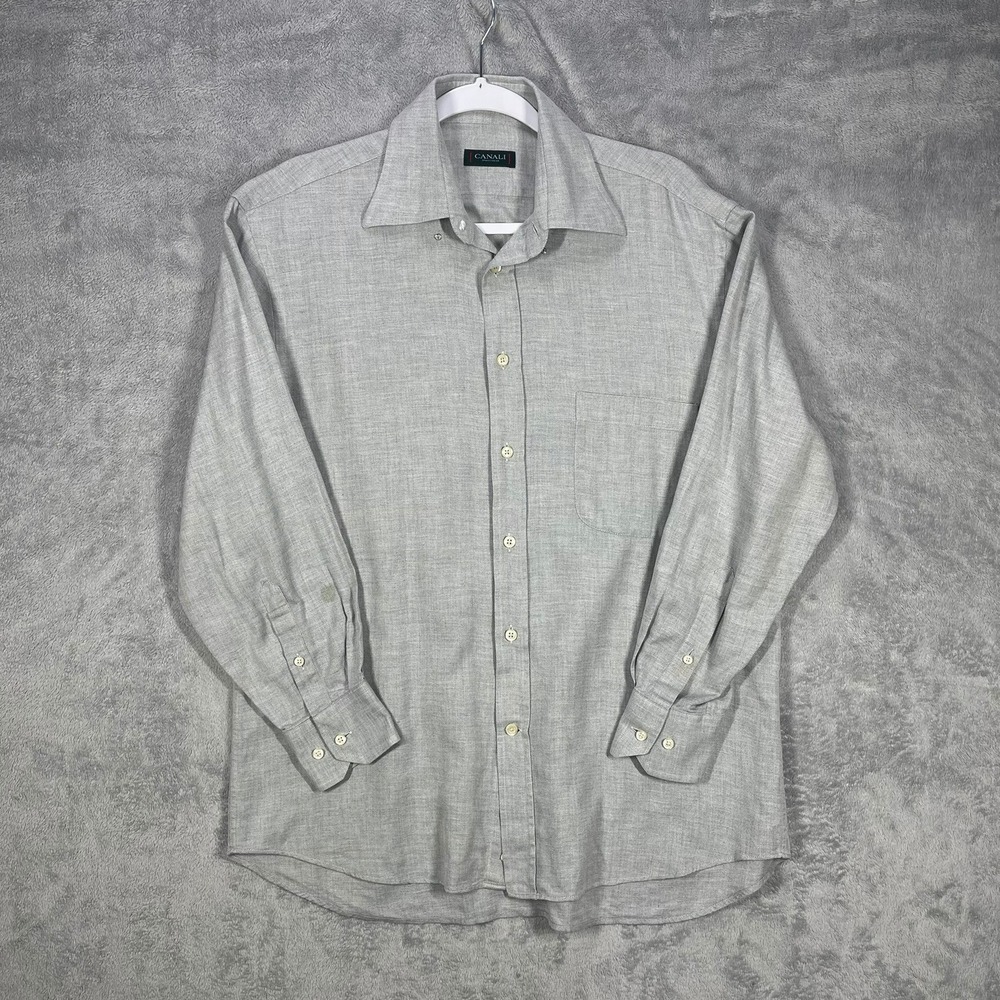 Canali Sportswear Button Down Shirt Mens M Grey Herringbone Long Sleeve READ